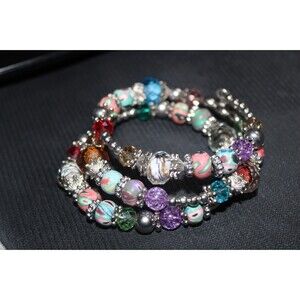 Multi Color Multiple  Strand Handmade Cleo Stretch Bead Cuff Bracelet